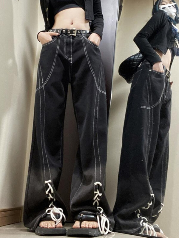American Lace up Mop Jeans kobiety w stylu Vintage moda czarny umyć luźne proste nogi para szerokie spodnie nogi Y2K Jeans 2022 nowy