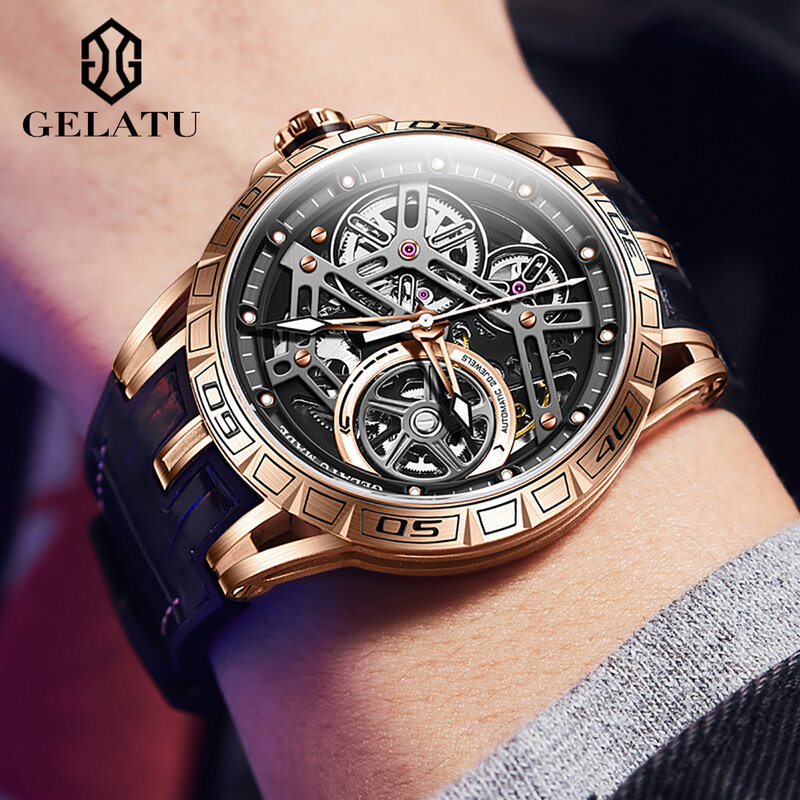 GELATU-relojes de marca de lujo para hombre, correa de cuero rosa, reloj mecánico automático, tendencia hueca, reloj de pulsera Original Luminou