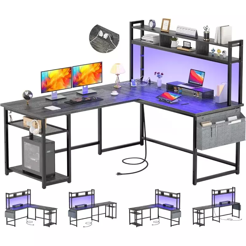 โต๊ะรูปตัว L พร้อมเต้าเสียบสายไฟ & แถบไฟ LED โต๊ะเล่นเกมคอมพิวเตอร์แบบพลิกกลับได้พร้อมชั้นวางของและขาตั้งจอ