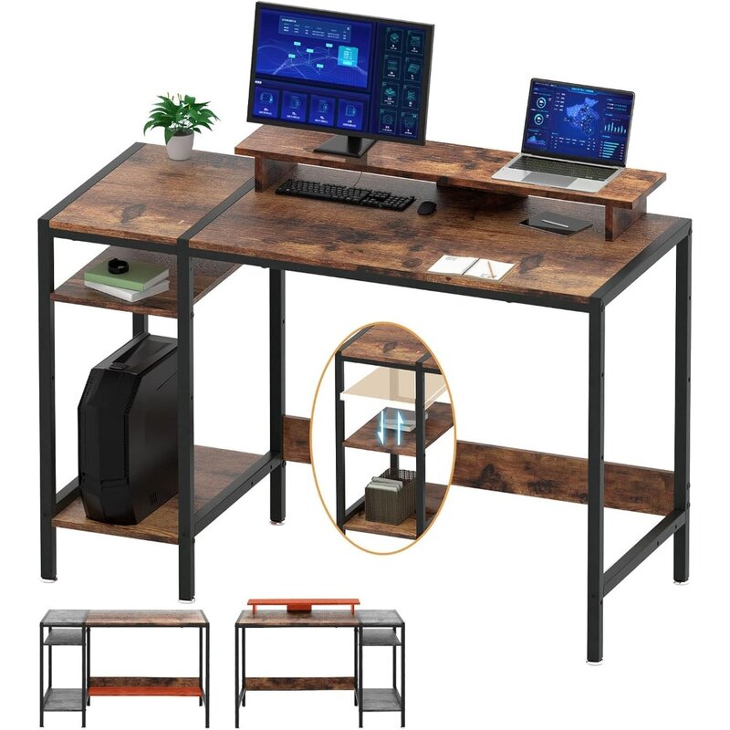Mesa de jogos e computador com suporte para monitor, secretária rústica para 2 monitores, espaço de armazenamento ajustável, escritório em casa, pequena, 47"