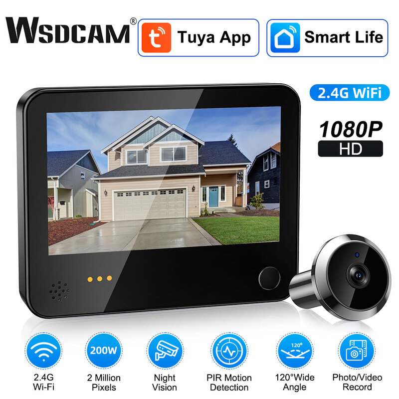 WSDCAM 무선 초인종 고양이 눈 와이파이 비디오 감시 카메라, 비주얼 인터콤, PIR 모션 감지, 1080P
