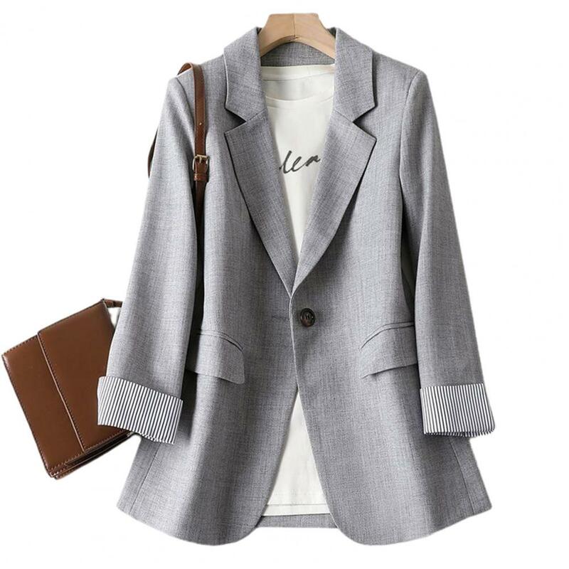 Women Blazer Suit Coat Business Style Solid Single Button Long Sleeve Lapel Striped Cuff Slim Fit OL Commute Cardigan Jacket