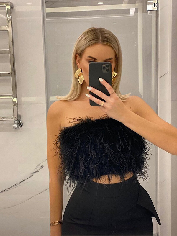 Sexy Top Bra Women Furry Ostrich Feather Summer Female Wedding Wrap 2022 Luxury Real Feather Ladies Crop Top Zipper Vest Clothes