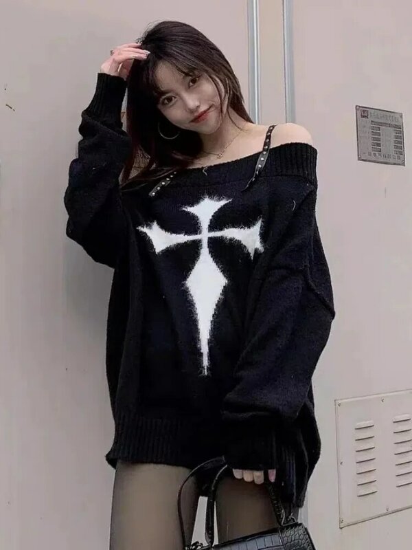 Осень 2022, женский свитер с длинным рукавом, Осенние Пуловеры в стиле панк, Y2k Goth Dark, вязаные топы с открытыми плечами