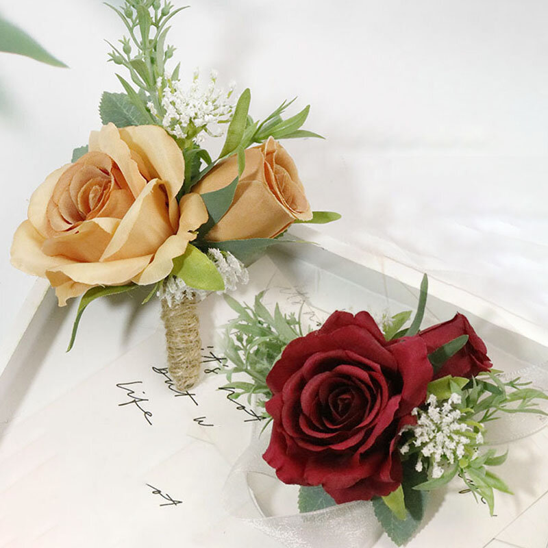 Ramillete de boda, flor de muñeca, Hermanas de dama de honor, flores hechas a mano, rosa de seda Artificial, pulsera de boda, accesorios de decoración de Graduación