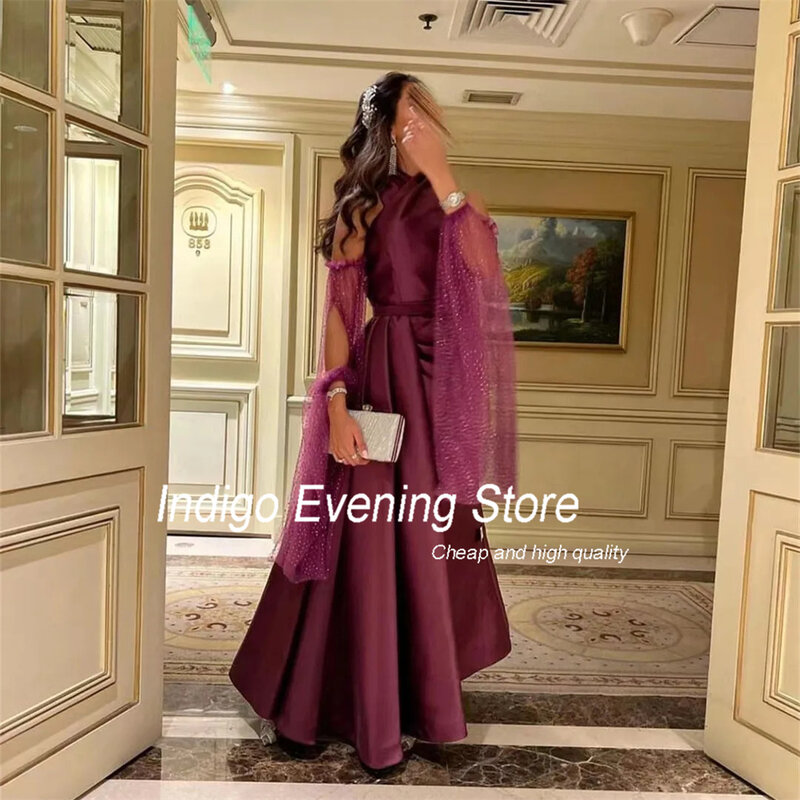 Indigo Ballkleid Meerjungfrau knöchel langes Halfter Langarm elegantes Abendkleid Falte Satin Party kleid für Frauen Vestido de Gala