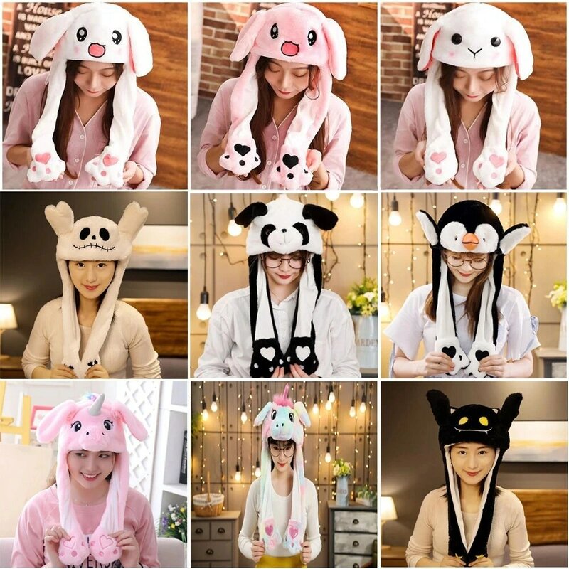Pikachu Cute Bunny Ear Moving Hat Animal Plush Jumping up Toys Rabbit Ear Girls Costume Cap Kids Party for Adult Funny Anime Hat