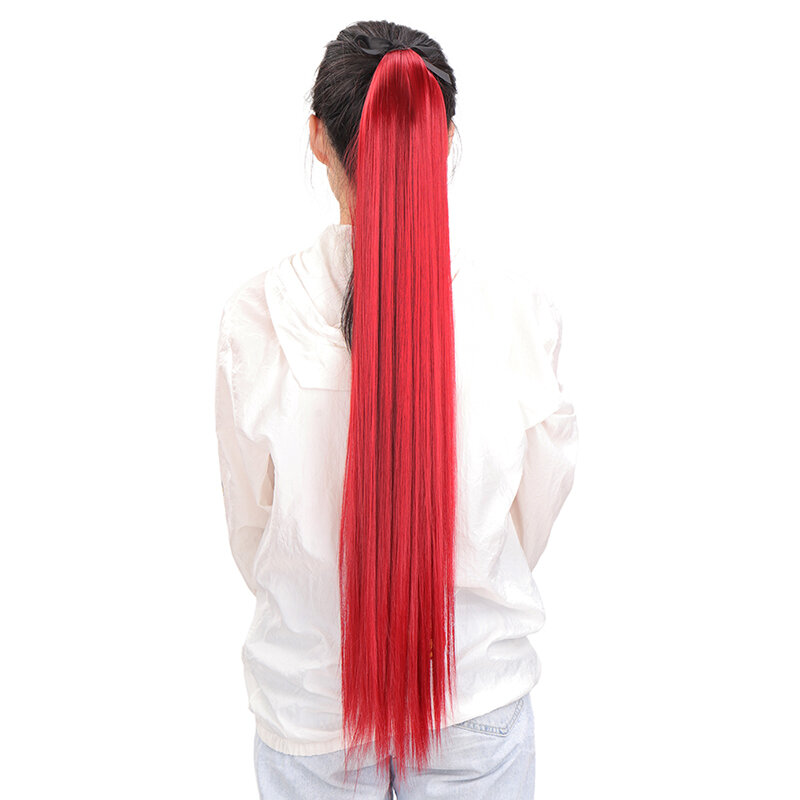 สังเคราะห์ยาวตรงสีแดง Ombre หางม้า Hairpiece ธรรมชาติปลอม Velcro Wrap คลิป-บนหางม้า Extensions Afro หางม้า