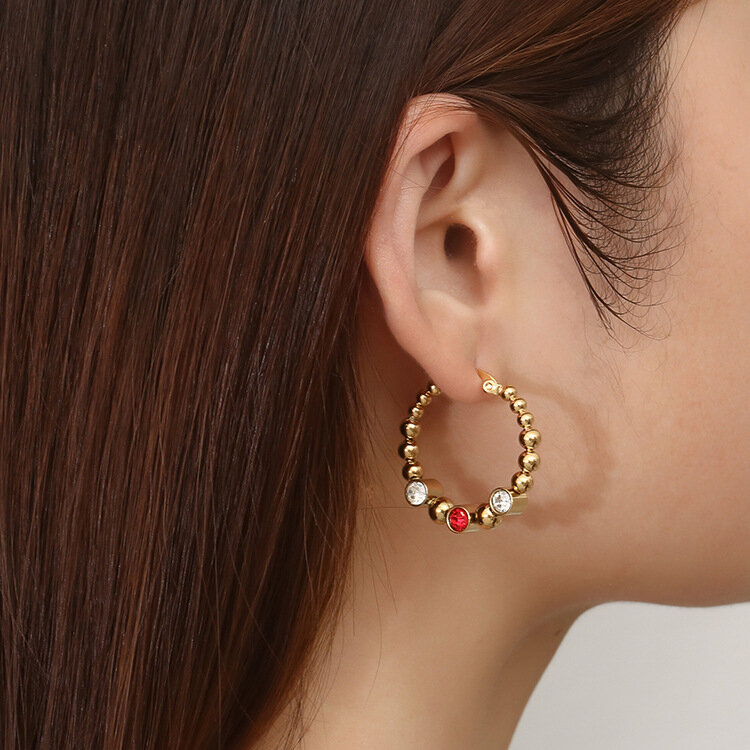 PAPERPLUS-Brincos de argola para mulheres, aço inoxidável, conta dourada, anel de orelha aberto, elegante, novo