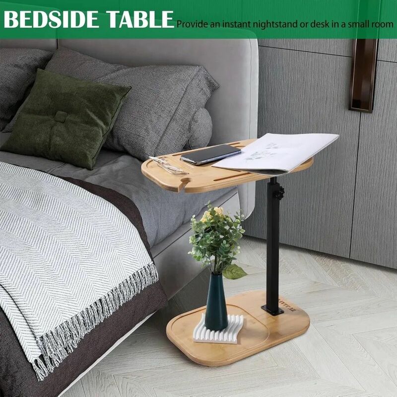 Bamboo C Shaped End Table for Couch Arm, Small Sofa Side Table with Adjustable Height for Small Spaces, Swivel TV Tray Table
