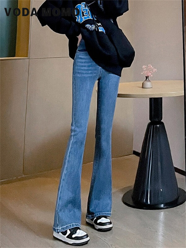 한국 클래식 벨 하의 여성용 캐주얼 데님 바지, 슬림한 하이웨이스트 플레어 진, 다목적 빈티지 레저 패션, 2024 신상