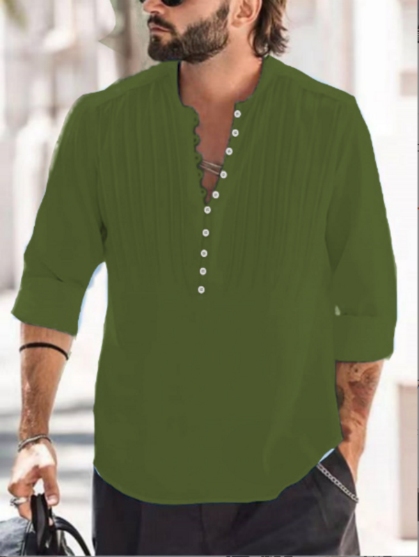 2024 neue Herren Leinen Bandage Knopf hochwertige Hemd Herren einfarbige Baumwolle und Leinen faltbare lässige schlanke Langarmhemd