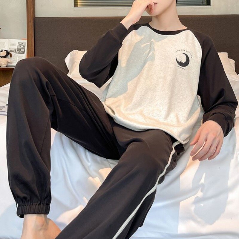 Pijama masculino de algodão manga comprida com gola redonda, camisola solta, roupa de casa fina, pijamas estampados tamanho grande, primavera