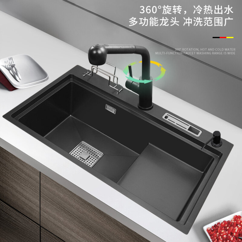 Kitchen black nano washbasin large single-slot high and low stepped 304 stainless steel sink  under-counter basin