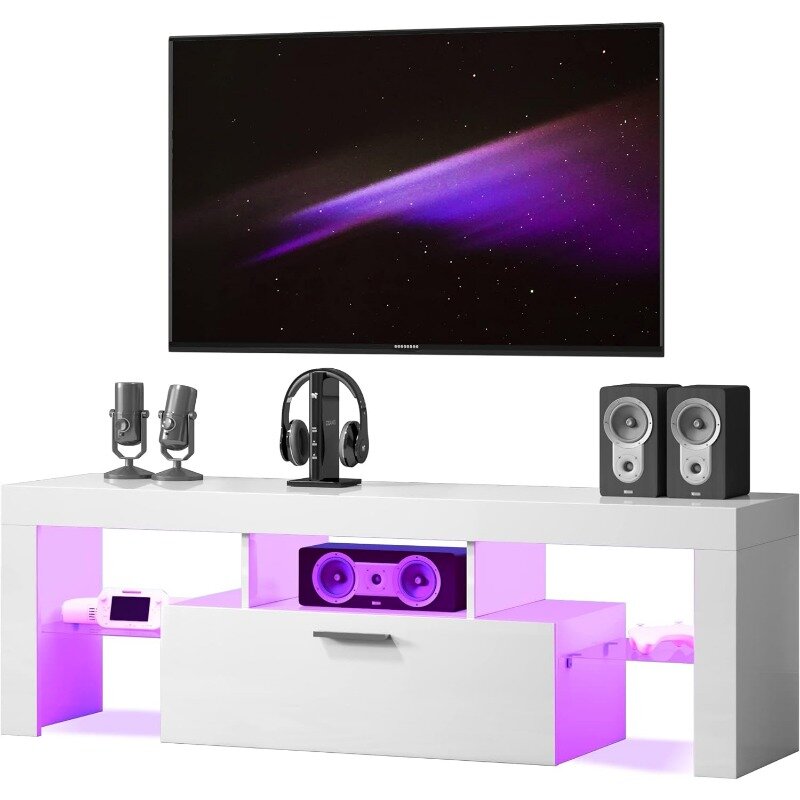 Modern LED TV Stand for 32/40/50/55 inch TV, High Glossy Entertainment Center with LED Lights, Gaming Television Stands