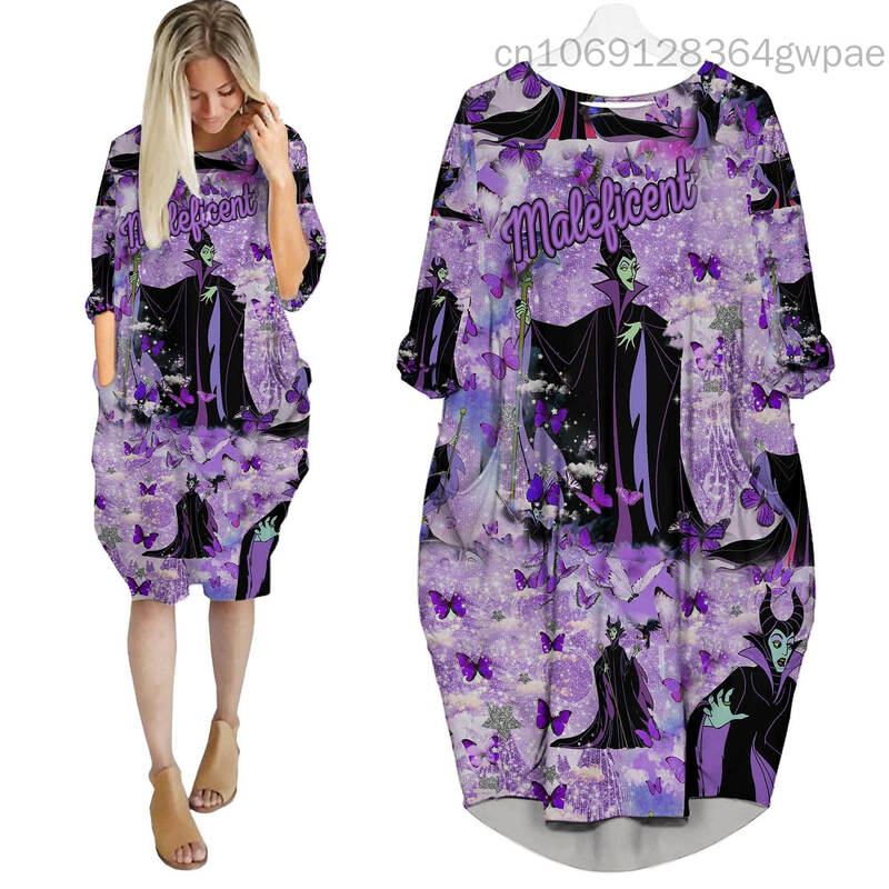 Maleficent Oversize Long Sleeves Pocket Dress Disney Cartoon Batwing Pocket Dress Women's Fashion Versatile Loose Party Dress