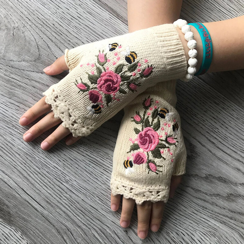 Guantes bordados hechos a mano para mujer, manoplas de punto, flor de abeja, guantes cálidos para adultos, otoño e invierno, nuevos