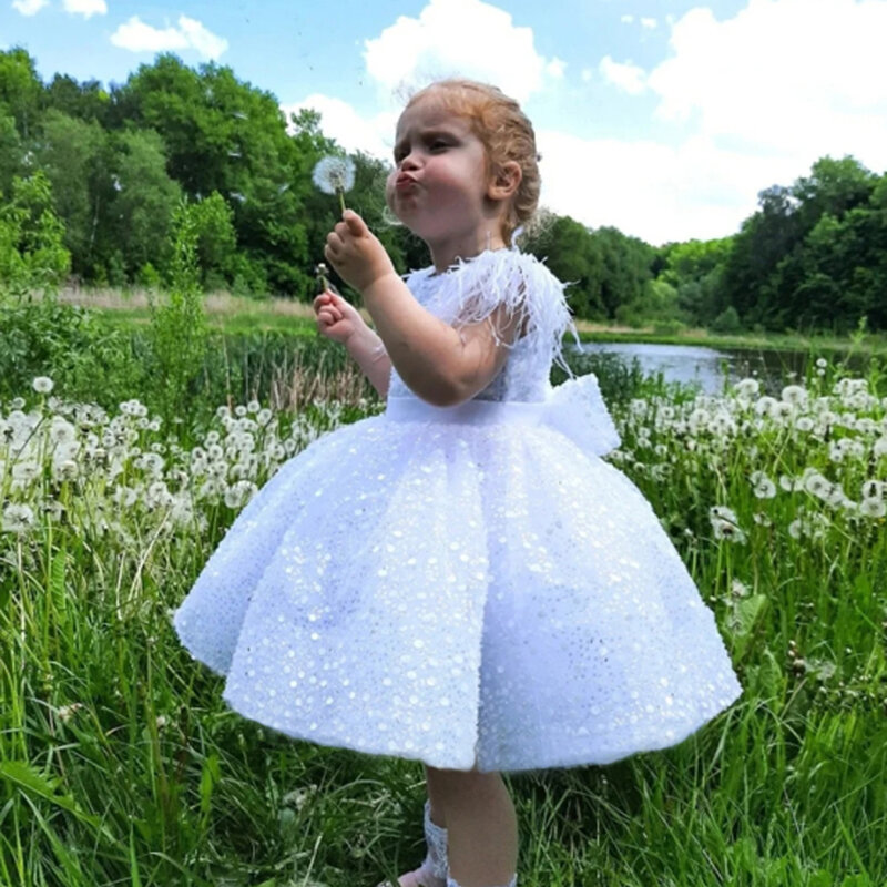 Vestido de baile MisShow-Bow para meninas, lantejoulas brancas, doce, sem mangas, tule macio, Princesa Comunhão, doce, novo