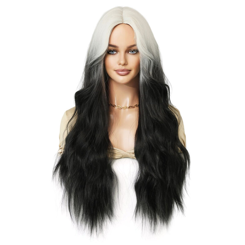 NM-peruca de cabelo ondulado para mulheres, ombre, preto, branco, sintético, natural, parte média, encaracolado, lolita, cosplay, festa diária, resistente ao calor