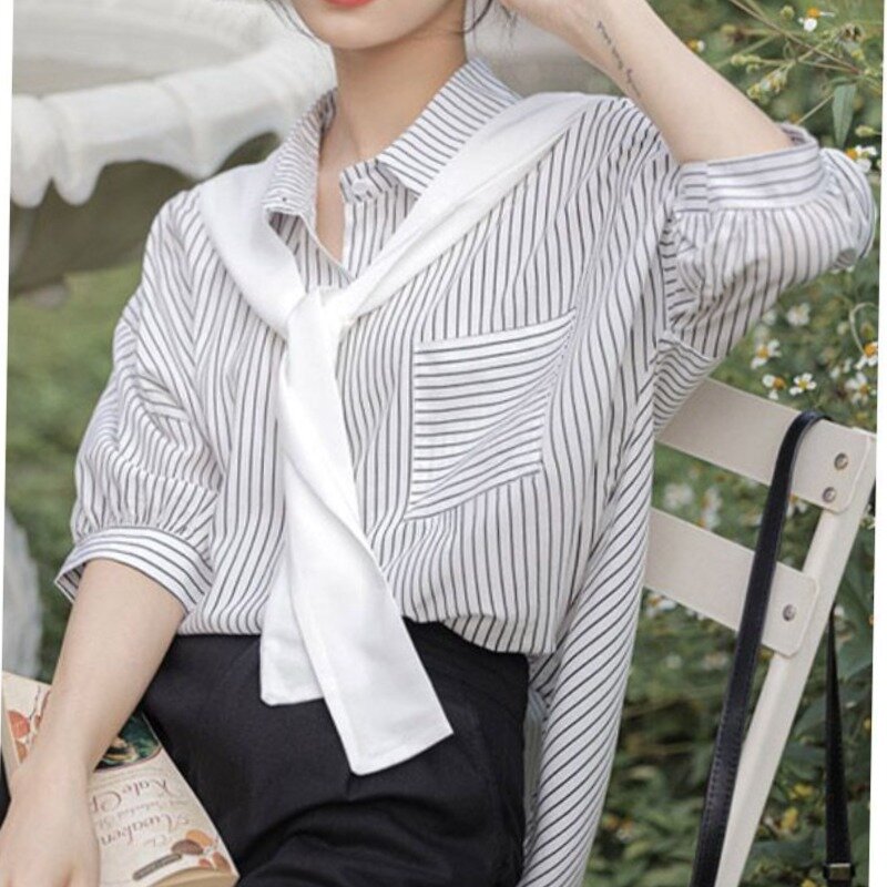 Camisa holgada de media manga para mujer, camisa con cuello de Polo, bolsillos a rayas, botonadura única, moda de oficina, Verano