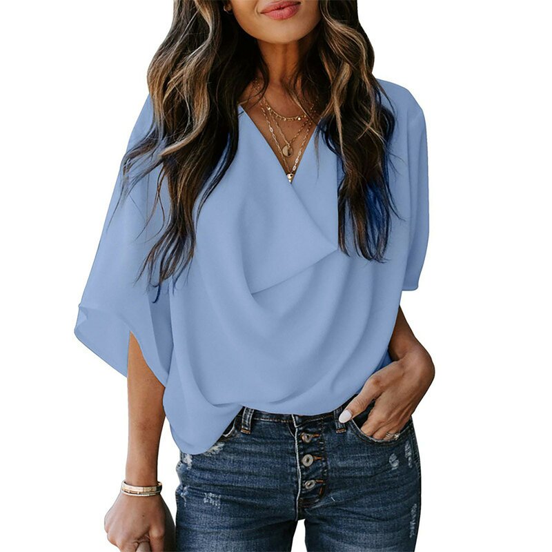 Women'S Autumn And Winter V Neck Loose Casual Mid Sleeve Chiffon Shirt Button down under Sweater