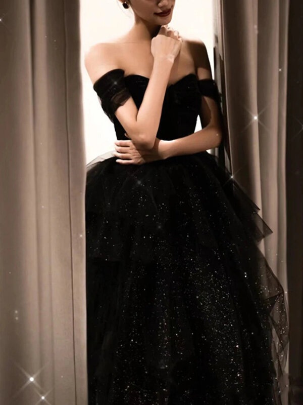 Vestido de noche negro de cintura elegante francés, vestido de graduación de cumpleaños de un hombro, vestido de baile Simple Sexy, vestido de fiesta de boda de malla plisada