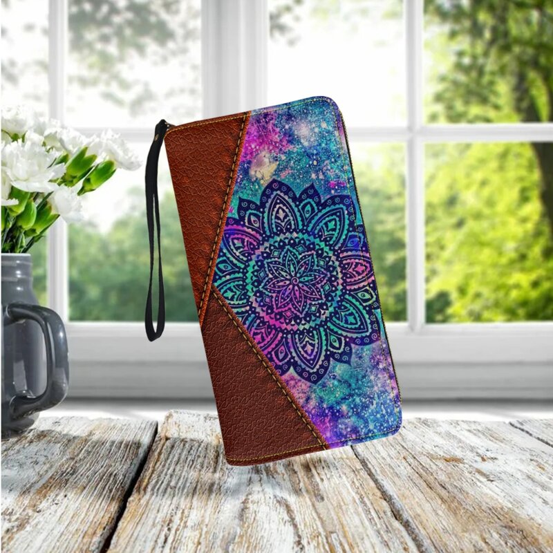 Creative Mandala PU Leather Wallet Long Wristband Ladies Portable Coin Pouch Card Holder Fashion Travel Party Small Clutch Gift