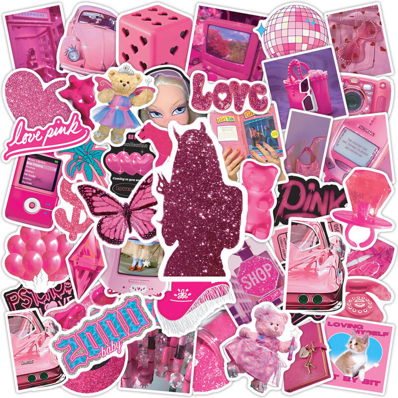 10/50Pcs Pink Preppy Girls Cartoon Stickers Pack for Kids Laptop Scrapbooking Travel Computer Decoration Graffiti Sticker Decal