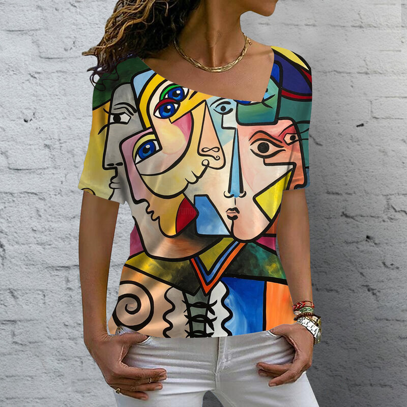 Koszulka z dekoltem w szpic damska letnia koszula w stylu Casual z nadrukiem luźna odzież w stylu Vintage trójnik żeński S-5XL ubrania z krótkim rękawem Y2K