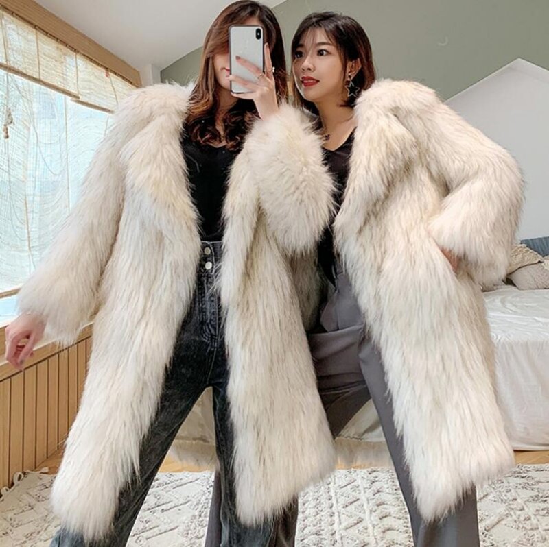 Abrigo de piel de zorro de imitación para mujer, abrigo largo y cálido de mapache, rompevientos de ocio de talla grande, invierno, 2023
