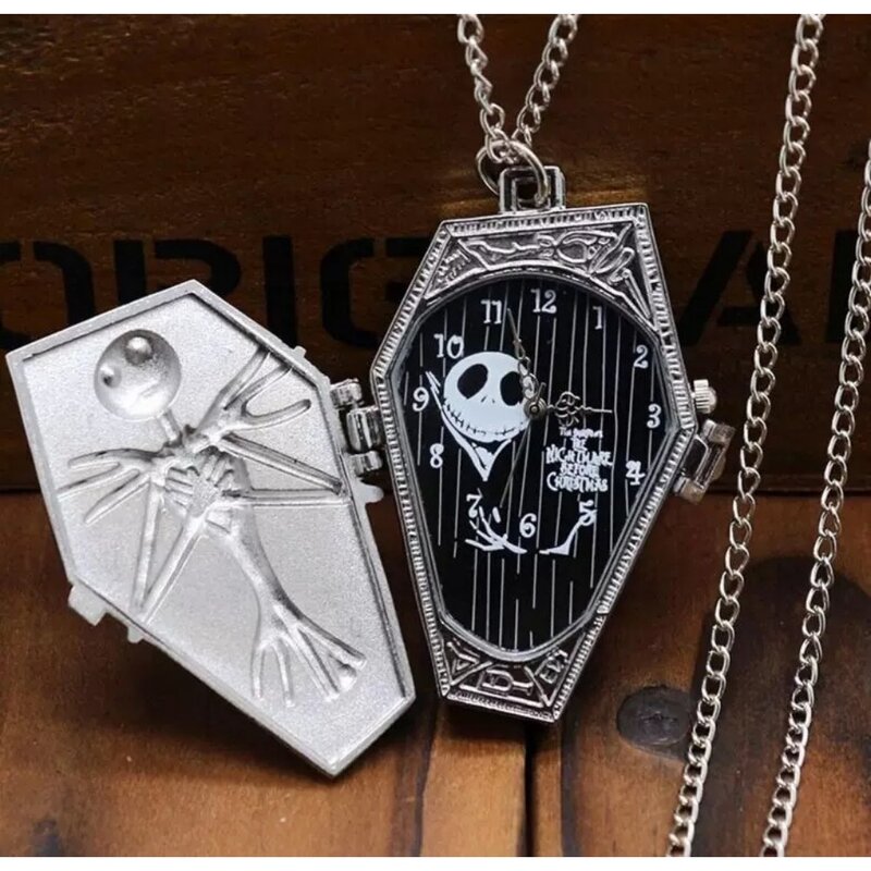 Skellington reloj de bolsillo de cuarzo con diseño de zombi, reloj de bolsillo de esqueleto de cuarzo, cadena FOB, reloj de collar antiguo, regalo de Navidad