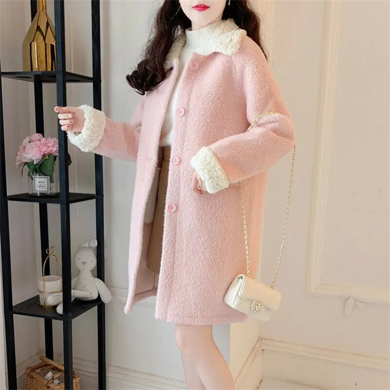 Mantel wol domba imitasi wanita, jaket Windbreaker longgar serbaguna gaya Korea baru musim gugur musim dingin hangat setengah panjang
