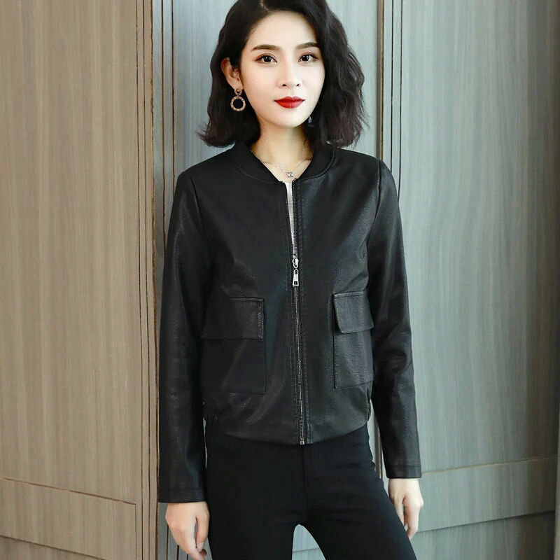 女性のための黒い革のジャケット,カジュアルな野球のためのルーズな韓国の秋と冬のユニフォーム