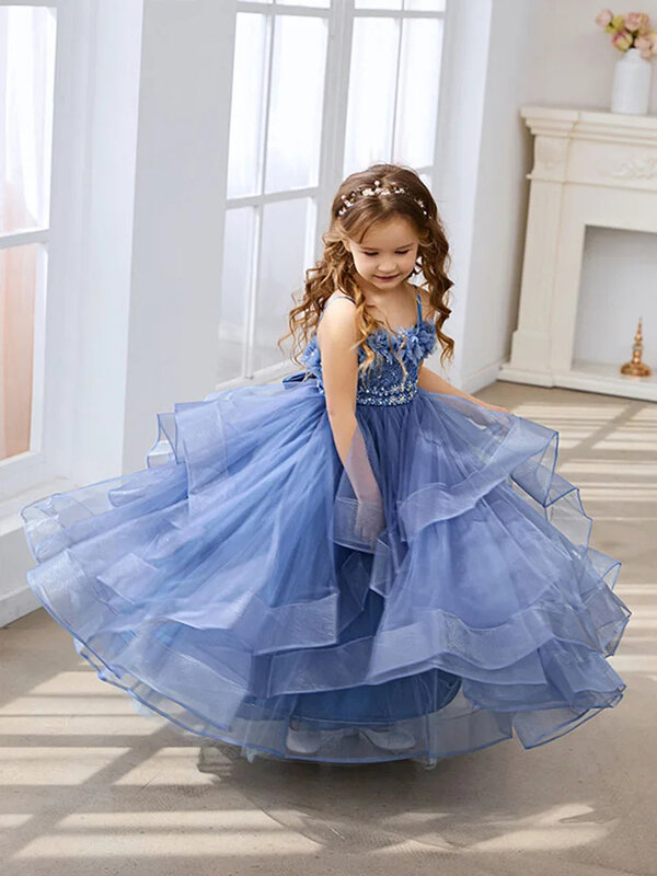 فستان مزين بالخرز مزين بطبقات زرقاء ، بلا أكمام زهرة فتاة ، حفل زفاف أنيق للأطفال أول فستان لحفلة عيد ميلاد