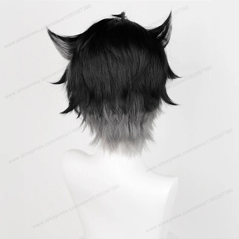 Wriothesley Cosplay Perücke Fontaine 30cm kurze schwarze Farbverlauf graues Haar hitze beständige synthetische Perücken Party Perücken