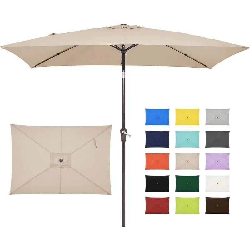 Sombrilla Rectangular de 6,5x10 pies para Patio, paraguas de mercado al aire libre con botón de inclinación y manivela, paraguas de mesa con 6 varillas resistentes