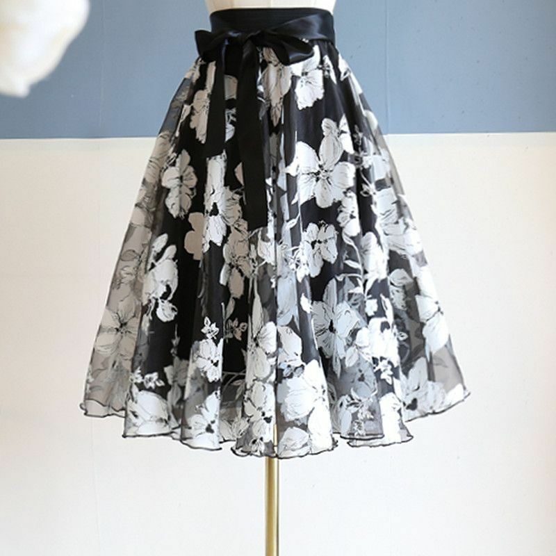 Woman Fashion Vintage High Waist Printing A-Line Skirt Female Clothing Summer Temperament Bow Mesh Length Pleated Skirts Q640