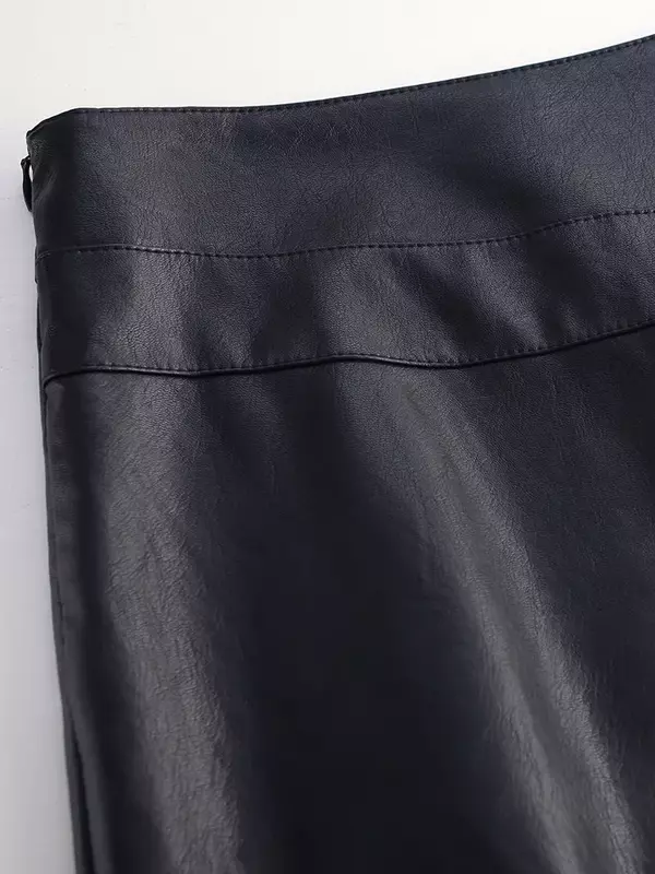 Skirts Womens 2022 Autumn Winter Leather Skirt Black PU Patchwork High Waist Knee-Length S-3XL Size Asymmetrical Skirt 9792