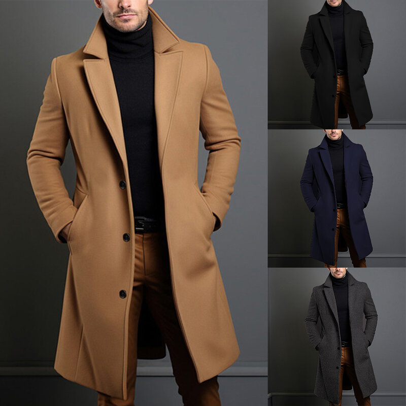 Casaco de peito único preto masculino, sobretudo quente e confortável, manga comprida, perfeito para o outono e o inverno