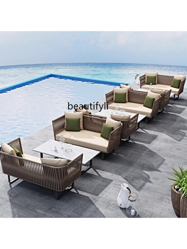 Sofá de mimbre impermeable para exteriores, protección solar para patio, terraza, balcón, muebles de doble cubierta