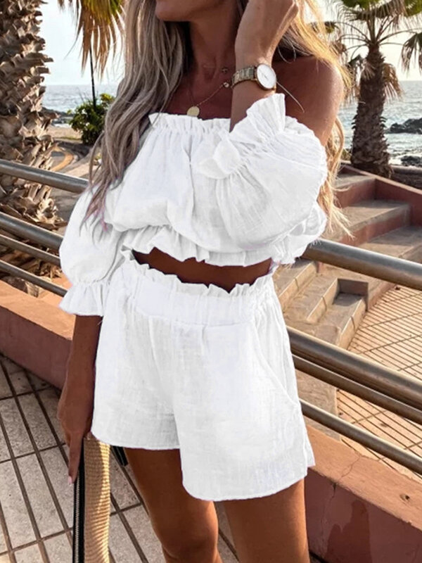 Women Summer 2 Pieces Outfits Solid Color Off-Shoulder Short Sleeve Wrap Chest Crops Tops High Waist Shorts Set