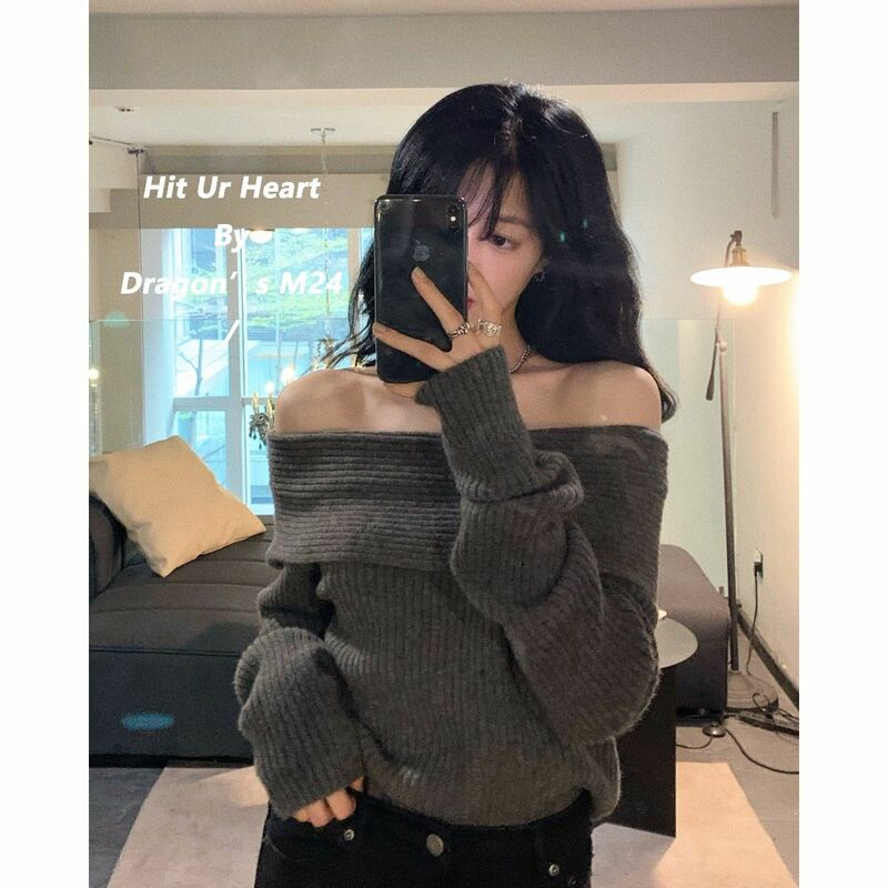 Sexy Slash Neck Long Sleeve Knitting Sweater Autumn New Temperament Thick Top Tee Women Clothing Trend Solid Color Pullovers