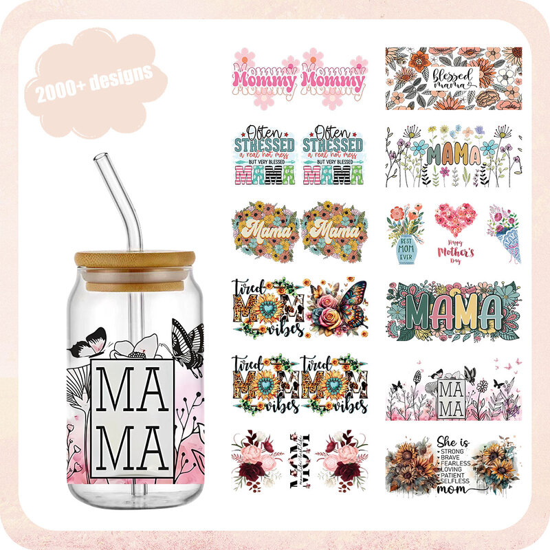 Sticker UV DTF Transfer Mama For Wraps 16 OZ Glass Cups Cans Amazing Kind Wise Hugs Trust Care DIY Waterproof Custom Decals