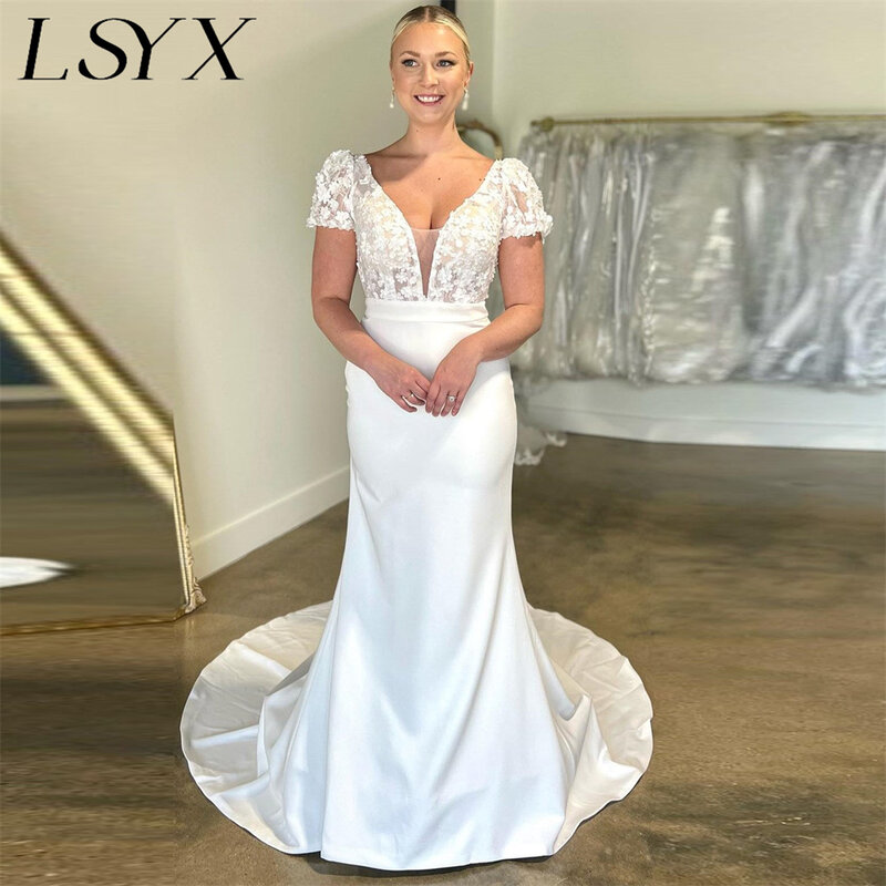 LSYX Elegant Puff Sleeves Crepe Lace Deep V-Neck Short Mermaid Wedding Dress Open Back Court Train Bridal Gown Custom Made