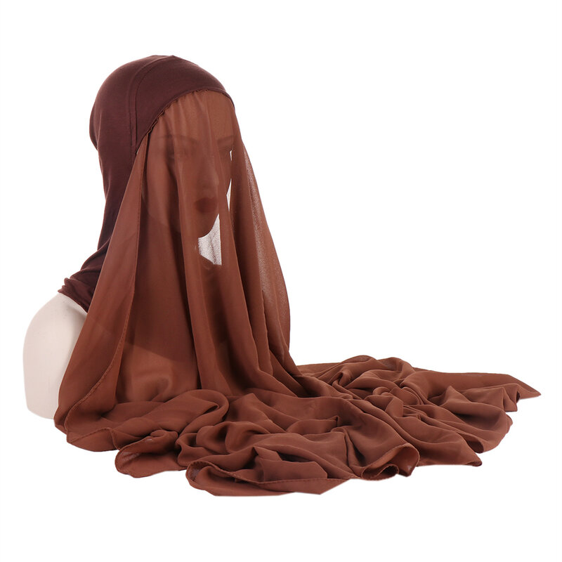Hijab Instantané avec Casquette en Jersey de Mousseline de Soie pour Femme, Voile, Mode Musulmane, Islam Modal, Écharpe de Sauna