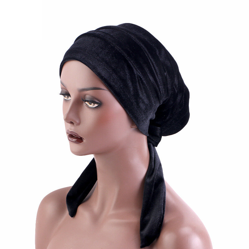 Topi beludru Muslim wanita, tutup kepala panjang ikat kepala pita Turban diikat dengan busur gaya perawatan rambut Semo Afrika