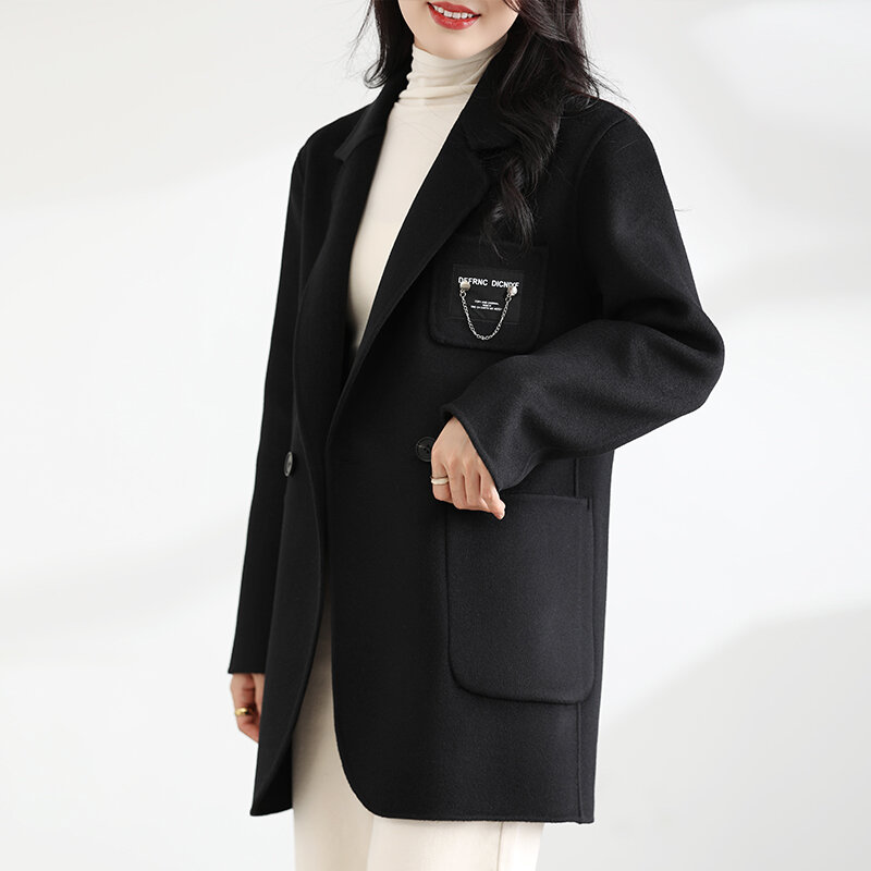 Nowy wysokiej jakości dwustronny kaszmirowy płaszcz jesienno-zimowy damski długi płaszcz na co dzień z czystej wełny