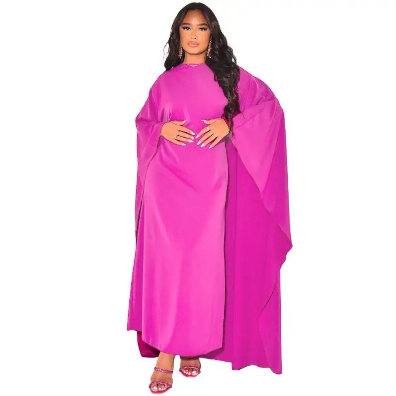 Autumn Fashion Solid Color Party Dress Muslim Women Round Neck High Waist Large Swing Long Dress Elegant Dress