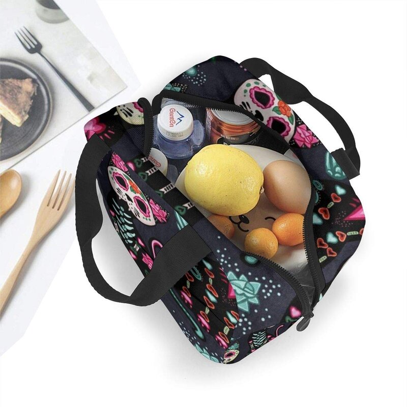 Portable Lunch Tote Bag Cat Kitten Sugar Skull Insulated Cooler Thermal Reusable Bag Lunch Box Handbag
