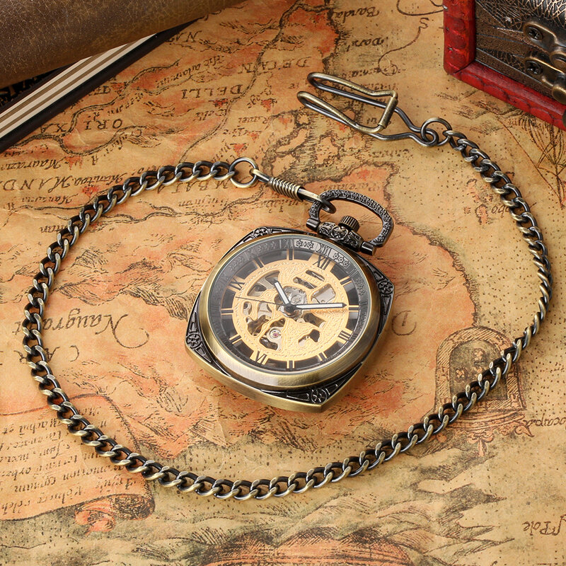 Vintage Bronze Square Mechanical Hand Winding Pocket Watch Hollow Out Roman Numerals Dial Open Face Pendant Pocket Clock Men